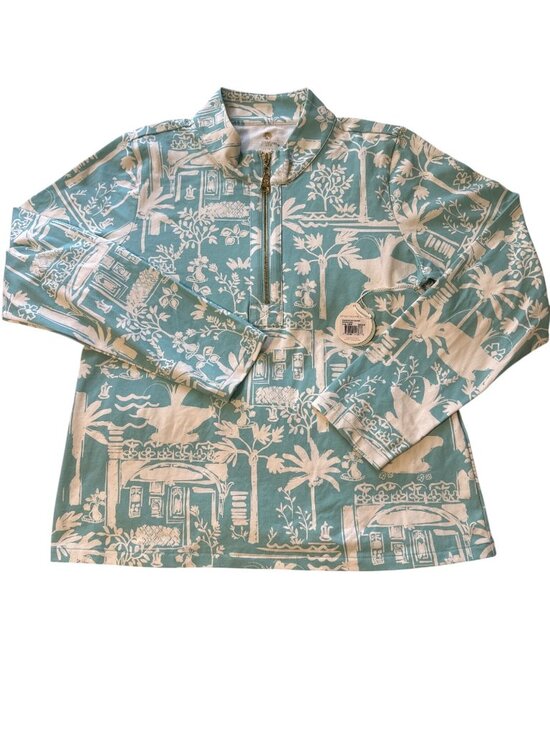 Spartina 449 Tops - Spartina 449 Aqua Toile 1/2 Zip Pullover Womens Size L Long Sleeve Made In Peru